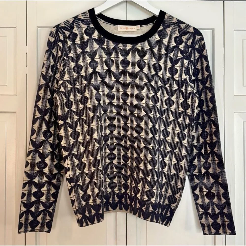 Tory Burch Tia blue printed merino wool crewneck sweater